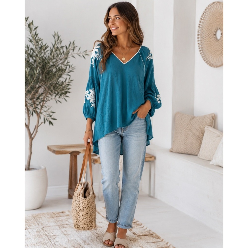 Sundance Naomi Isles Blouse Women Small Teal Embroidered Modal Boho V Neck